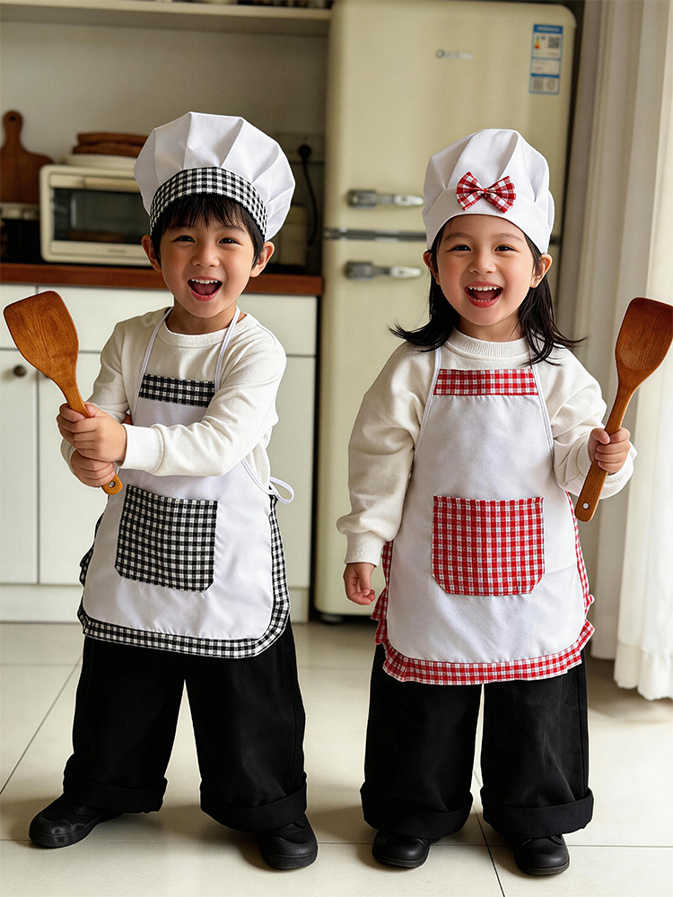 2pcs Plaid Kids Chef Apron and - Baking Kitchen Set Up 评论和价格