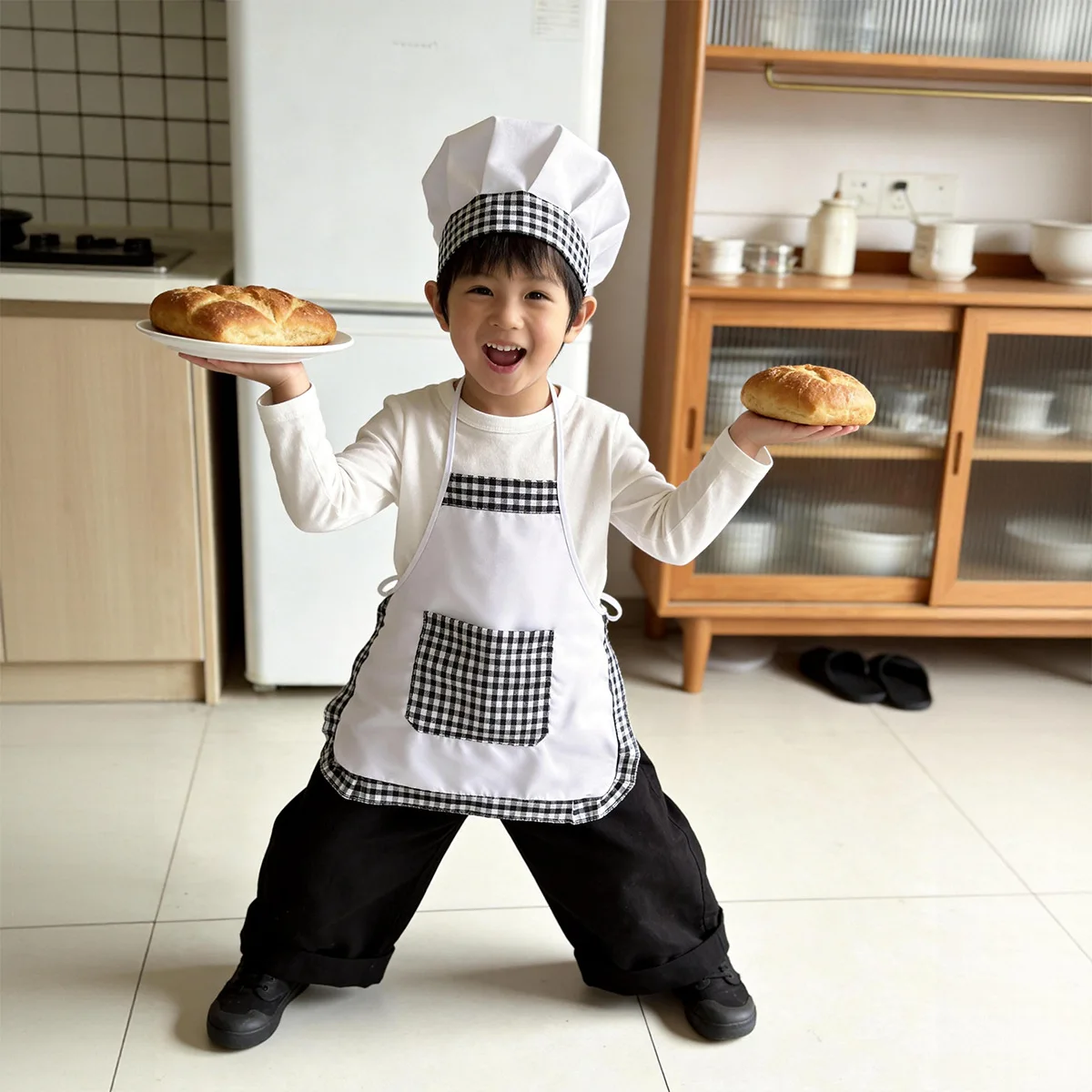 2pcs Plaid Kids Chef Apron and - Baking Kitchen Set Up 评论和价格